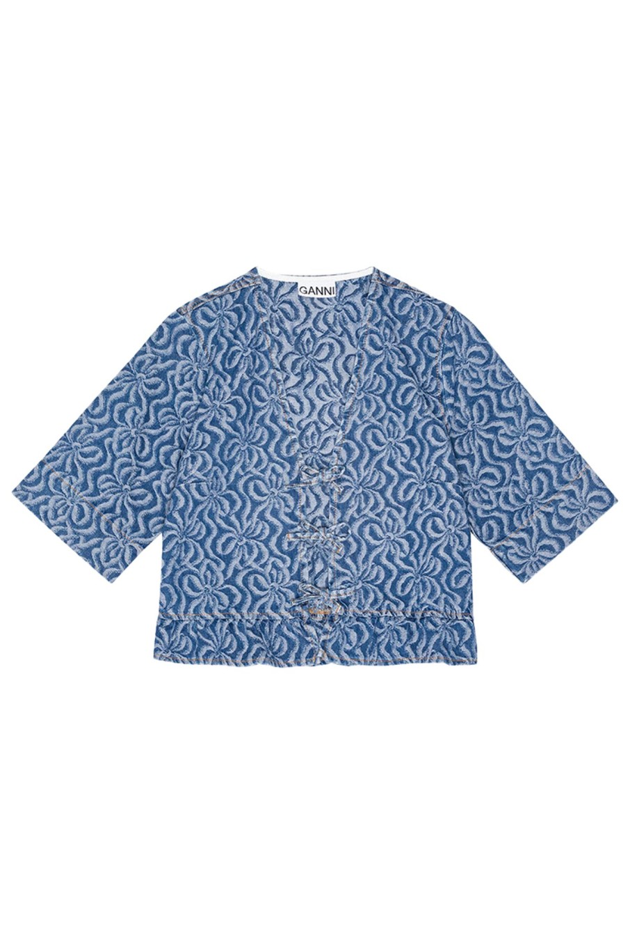 Dames Ganni | Jacquard Denim Flounce Tie Blouse