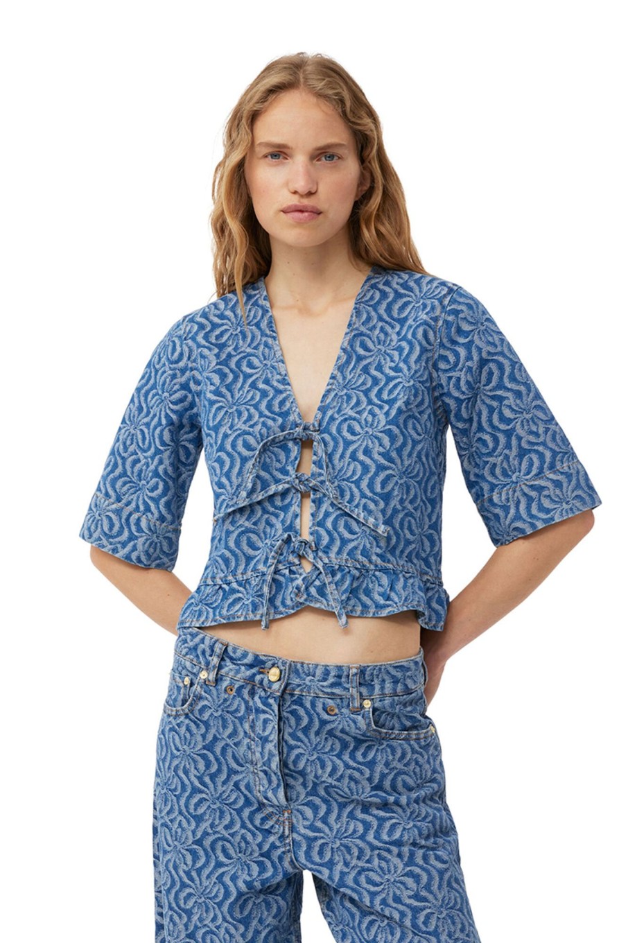 Dames Ganni | Jacquard Denim Flounce Tie Blouse